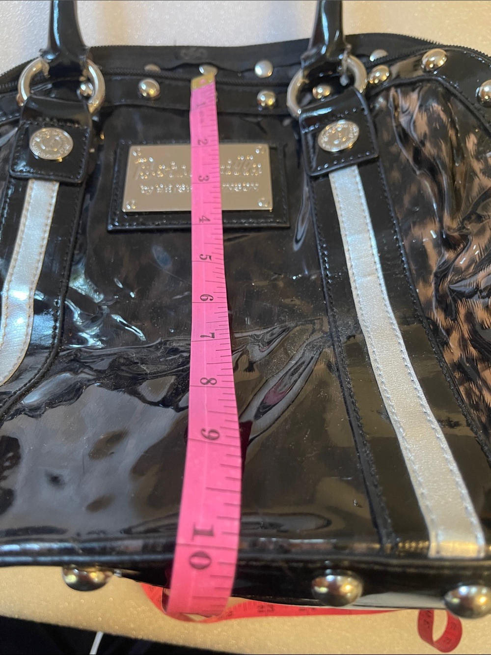 Betsey Johnson Black Patent Satchel with Silver Accents Betseyville - Picture 13 of 16